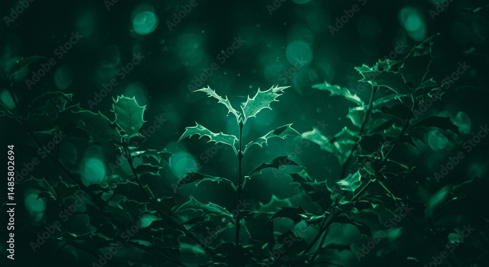 Fototapeta premium Enchanting Emerald Holly Leaves in a Dark Forest Setting. A mystical nature scene with bokeh lights