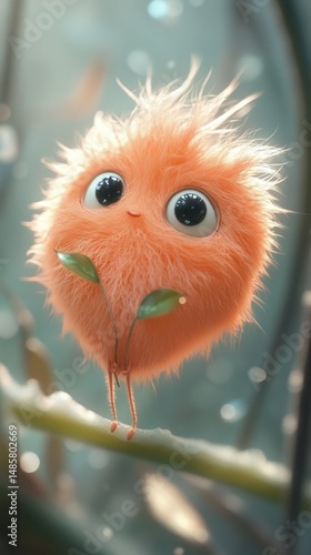 Whimsical fuzzy creature with big eyes perched on a delicate branch