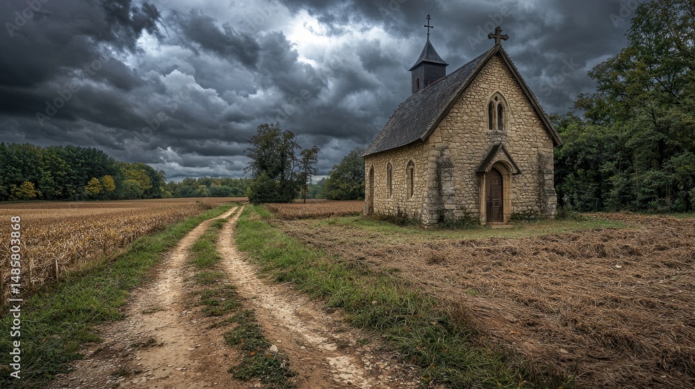 Fototapeta premium Ancient stone church in countryside with cloudy sky and empty pathway