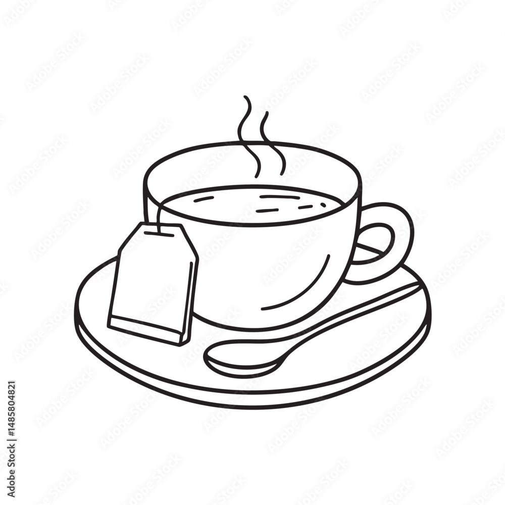 A tea bag resting beside a teaspoon on a saucer