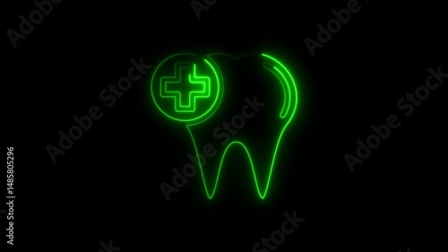 Green neon dental icon with medical cross represents tooth health and care