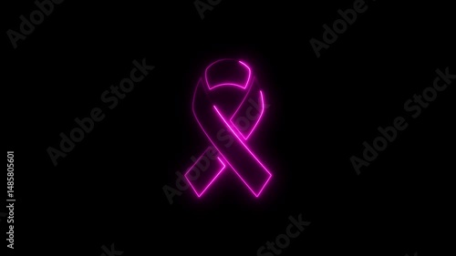 Animated neon pink breast cancer awareness ribbon on black background