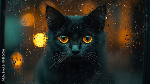 Raindrops trickling down glass with cat silhouette inside vehicle watching the chaos unfold 
