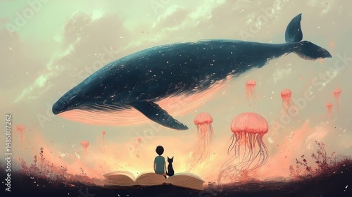 A large whale floating above a giant open book with glowing jellyfish surrounding it, while a child and a cat sit on the pages gazing at the surreal scene during twilight