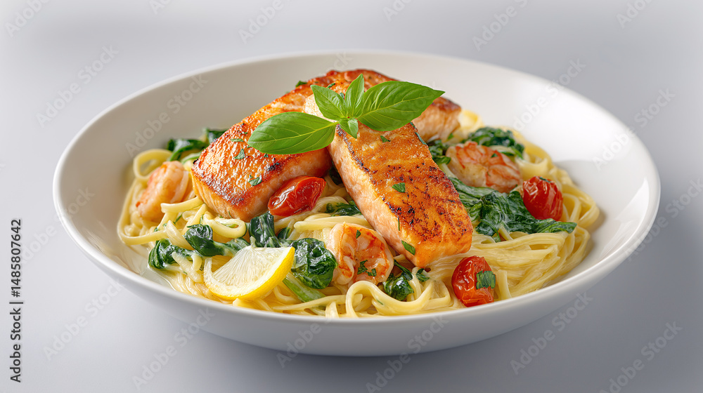 Seafood Pasta Delight: Savor a culinary masterpiece showcasing a perfectly grilled salmon atop a bed of pasta, vibrant greens, juicy tomatoes, and succulent shrimp. Seafood Pasta Delight: Savor a culinary masterpiece showcasing a perfectly grilled salmon atop a bed of pasta, vibrant greens, juicy tomatoes, and succulent shrimp.