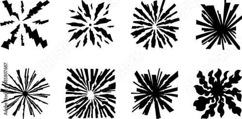 Set of abstract radial burst vector shapes in black silhouette, ideal for comic effects, explosions, sunbursts, and dynamic graphic design elements.

