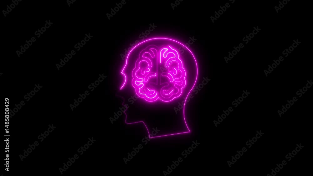 Glowing neon outline of human head depicting brain activity and thought processes Glowing neon outline of human head depicting brain activity and thought processes
