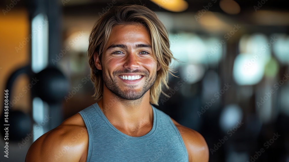 Fototapeta premium Smiling young man with blonde hair and muscular build in sleeveless gray top at gym with blurred background