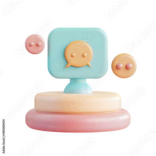 Vibrant, digital design featuring a communication icon, presented in a pastel color scheme with smooth surfaces and rounded shapes.