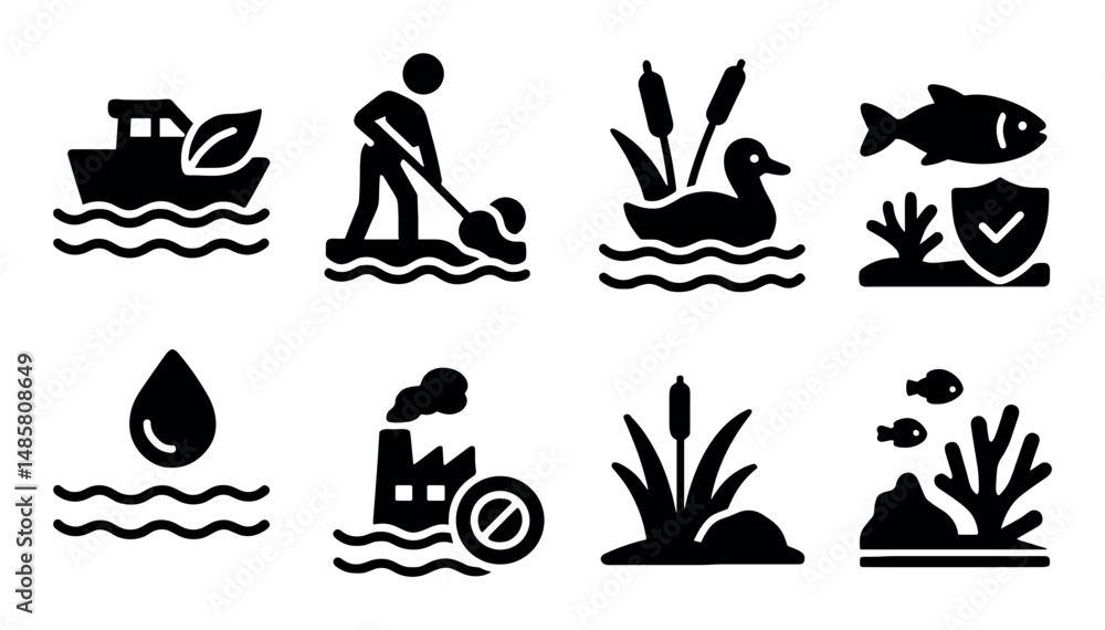 Obraz premium Eco conservation icons: water, wildlife, pollution, environment