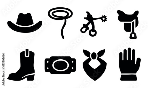 Western icons: cowboy hat, lasso, boots, saddle, spur, glove