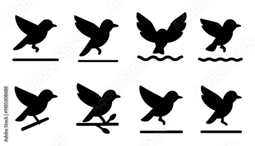 Silhouette bird icons in various poses and flight paths