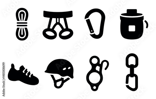 Climbing gear icons: rope, harness, carabiner, helmet, and more