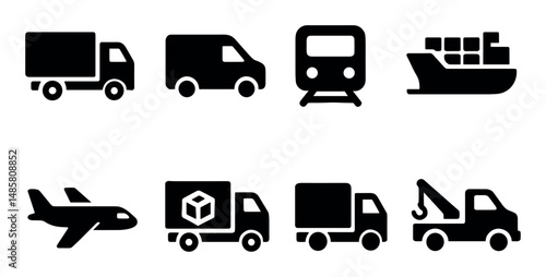 Transportation icons set: truck, train, ship, plane, van, tow