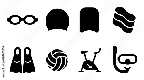 Swimming and fitness icons: equipment for water and gym activities