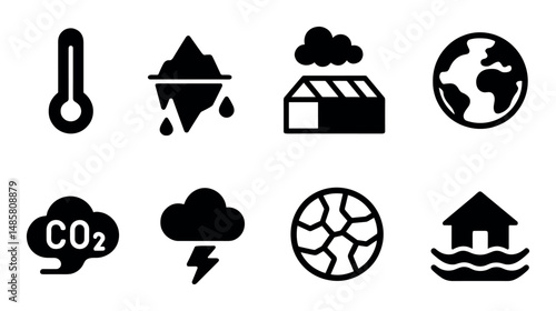Climate change icons: temperature, melting ice, co2, earth effects