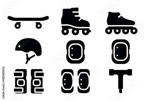 Skateboard, rollerblades, helmet, pads, scooter silhouettes set