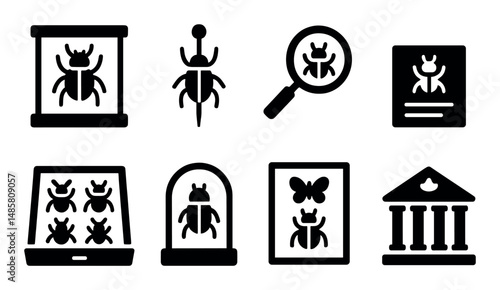 Black and white insect icon set with bugs, butterfly, magnifying glass