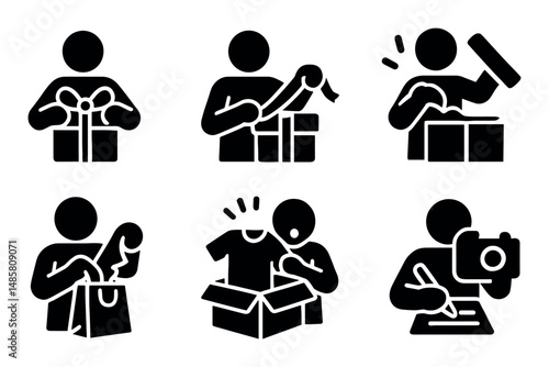 Icon set of people unboxing gifts, clothes, and tech items