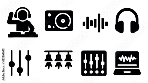 Black audio icons set featuring dj, headphones, and equalizer