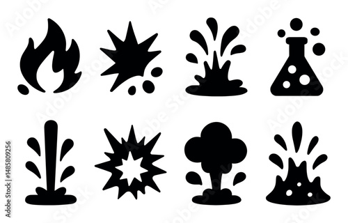 Black chemical and fire hazard icons with various explosion shapes