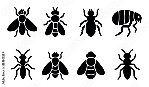 Black silhouette insect icons: flies, ants, flea, illustrations