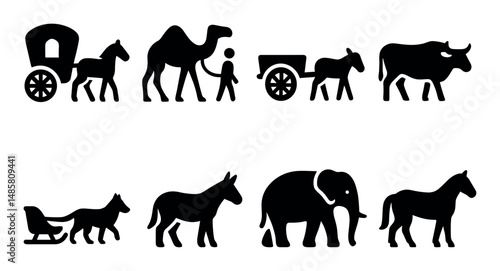 Silhouettes of various animals and carts in black and white
