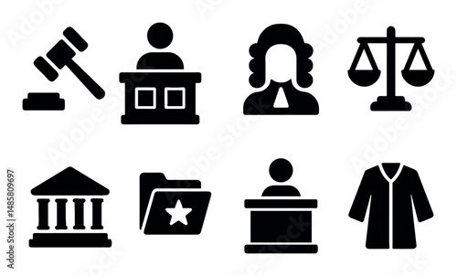 Legal symbols: gavel, judge, scale, courthouse, folder icons