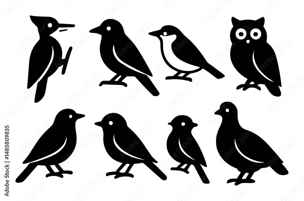 Naklejka premium Silhouette set of various bird species including owl and woodpecker