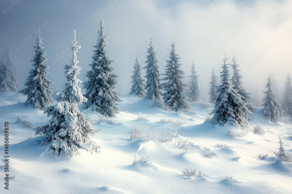 Snow-covered pine trees on a gentle hillside under a cloudy sky creating a serene winter landscape Snow-covered pine trees on a gentle hillside under a cloudy sky creating a serene winter landscape