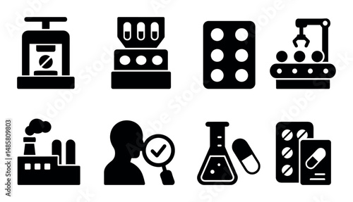 Icons representing pharmaceutical production process and quality control