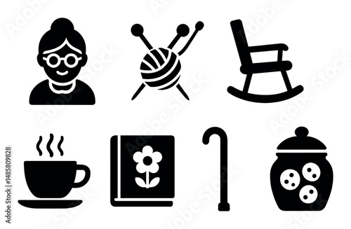 Elderly female icons: knitting, rocking chair, walking cane