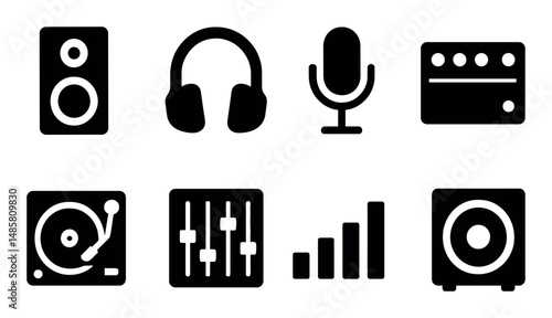 Audio equipment icons: speakers, headphones, microphone, mixer