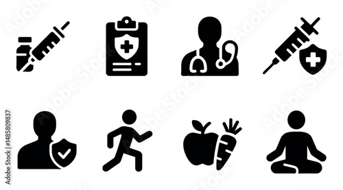 Health and wellness icons: vaccine, exercise, healthy living