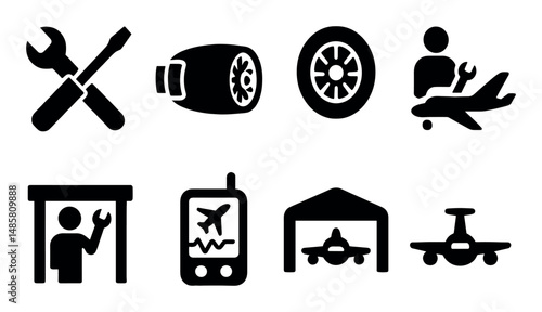 Aviation maintenance icons: tools, aircraft, technician, hangar