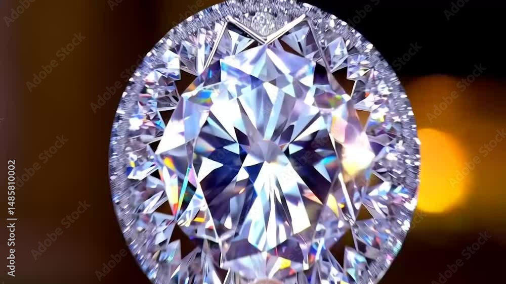 3D animation of a large faceted diamond rotating slowly on a shimmering stand. The scene radiates wealth and luxury, with sparkling reflections and elegant lighting highlighting the diamond's brillian 3D animation of a large faceted diamond rotating slowly on a shimmering stand. The scene radiates wealth and luxury, with sparkling reflections and elegant lighting highlighting the diamond's brillian