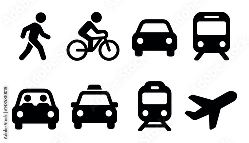 Transportation icons: walking, bicycling, cars, trains, airplane