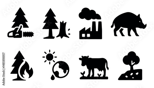 Environmental impact icons: deforestation, pollution, wildlife, conservation