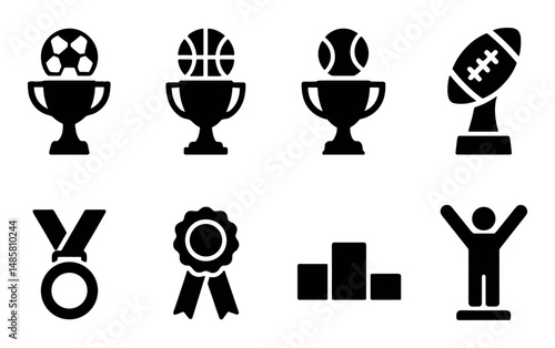 Sports icons: trophies, medals, podium, victory silhouette