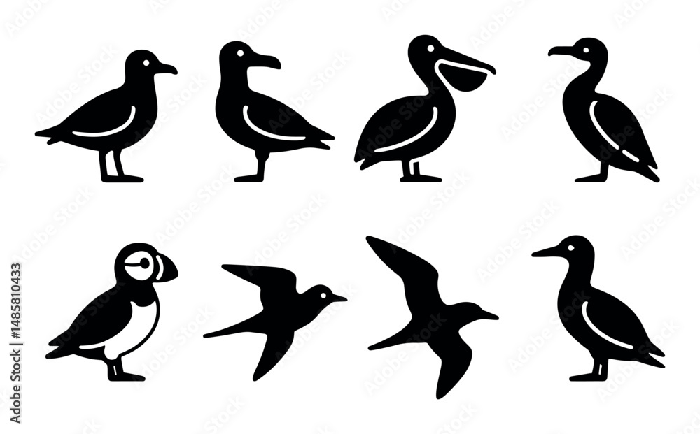 Obraz premium Silhouette icons of seabirds: diverse avian shapes and styles