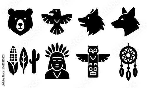 Native american symbols: animals, corn, cactus, totem, dreamcatcher