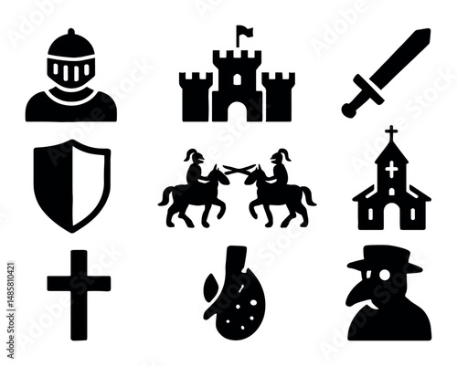 Medieval symbol set: knight, castle, sword, shield, church icons