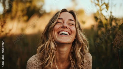 Woman laughing with eyes closed