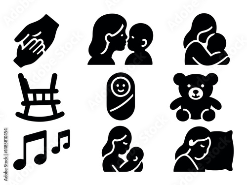Black silhouettes of mother and child with baby icons