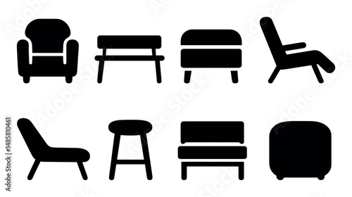 Collection of black silhouette furniture icons on white background