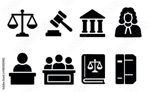 Legal symbols: scales, gavel, courthouse, judge, lawyer icons