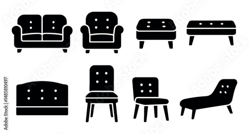 Silhouette icons of varied sofa and chair designs in black