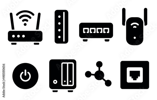 Network equipment icons: router, modem, switch, extender, nas
