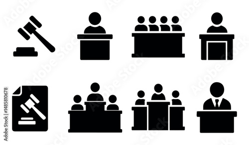 Legal icons collection: judge, jury, courtroom, gavel, document