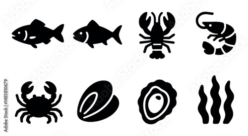 Silhouettes of sea creatures: fish, lobster, crab, shellfish, seaweed
